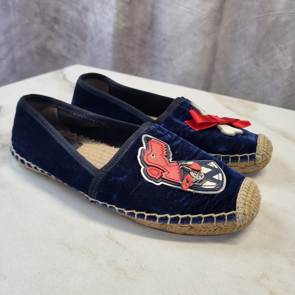 Tory Burch Beacher Dog Velvet Flats Women's Size 6 Blue/Red